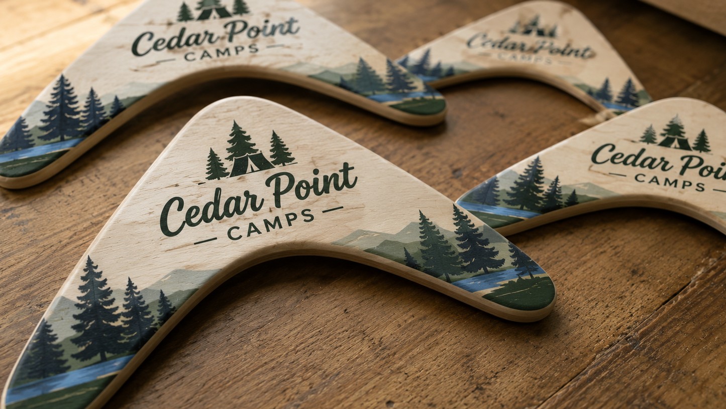 Custom printed boomerangs with logo laid out on a wooden table